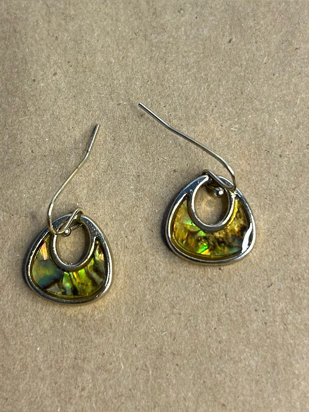 Iridescent Abalone Inset Silver Toned Teardrop Earrings